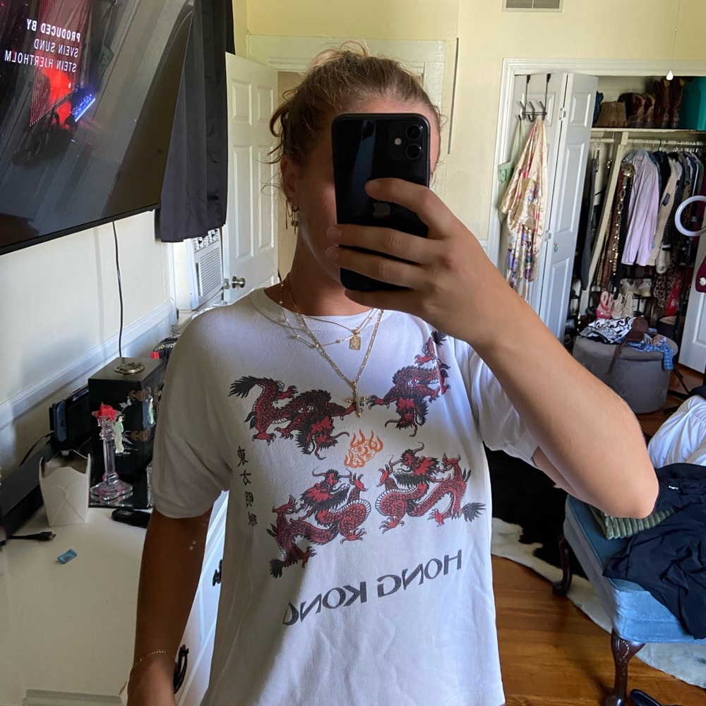 White T-Shirt with Red Dragon Print